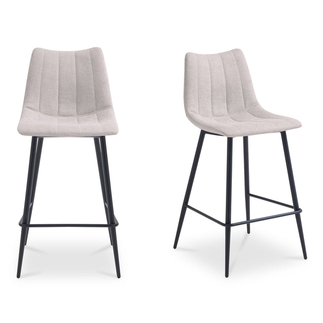 Counter Stool, Curved Seat Performance Fabric, Tapered Iron Legs, Beige