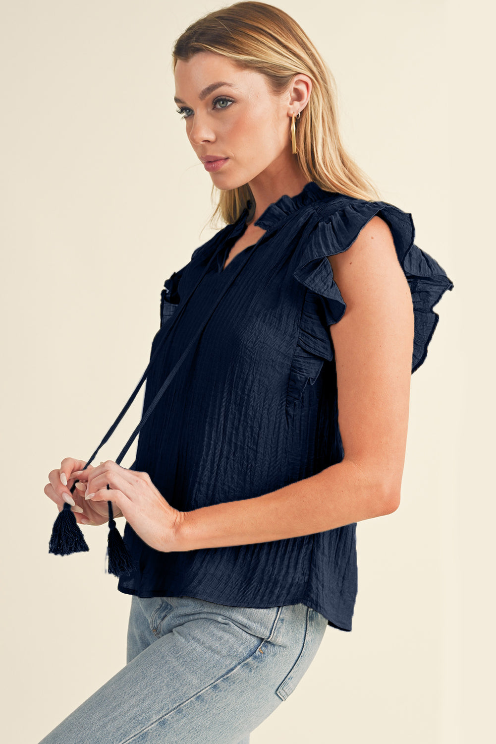 Navy Blue V Neck Flutter Shoulder Textured Blouse - Eloy Royal