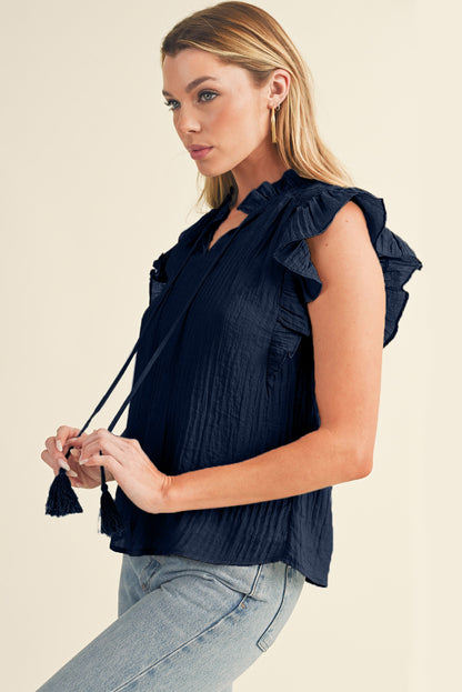 Navy Blue V Neck Flutter Shoulder Textured Blouse - Eloy Royal