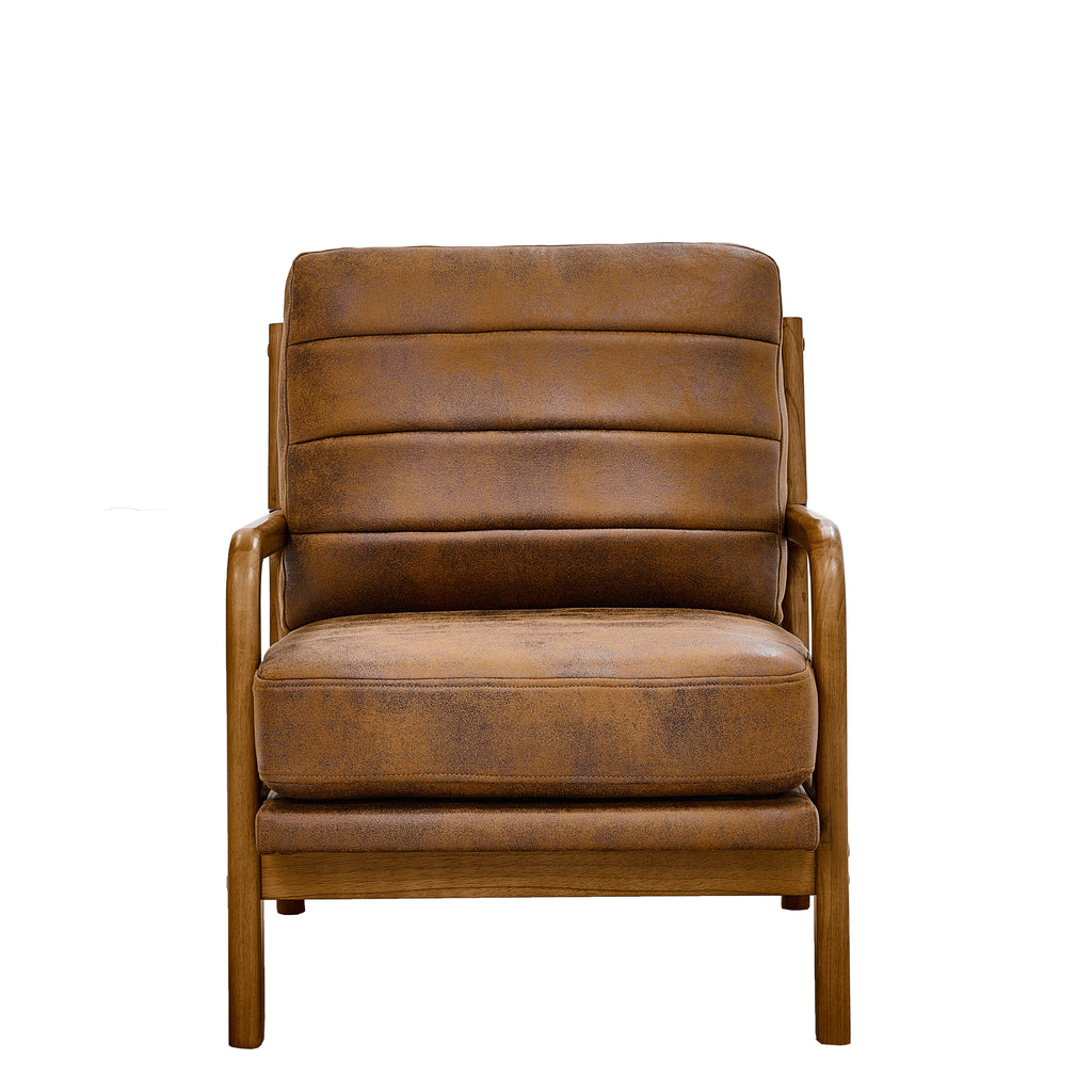 Light Brown Foil Fabric Wood Armchair with Solid Wood Frame and Memory Foam Cushion