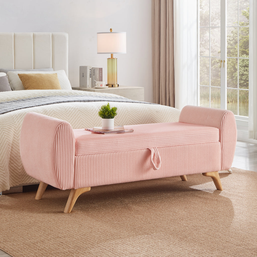 57' Modern Design Corduroy Upholstered with Storage Bed Bench,Wood Legs Bench for Bed Room,Hall Way Pink