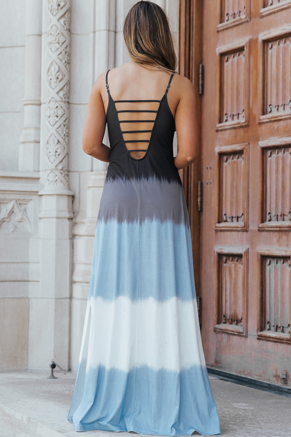 Wholesale Sky Blue Tie Dye Spaghetti Strap Slit Maxi Dress - Eloy Royal