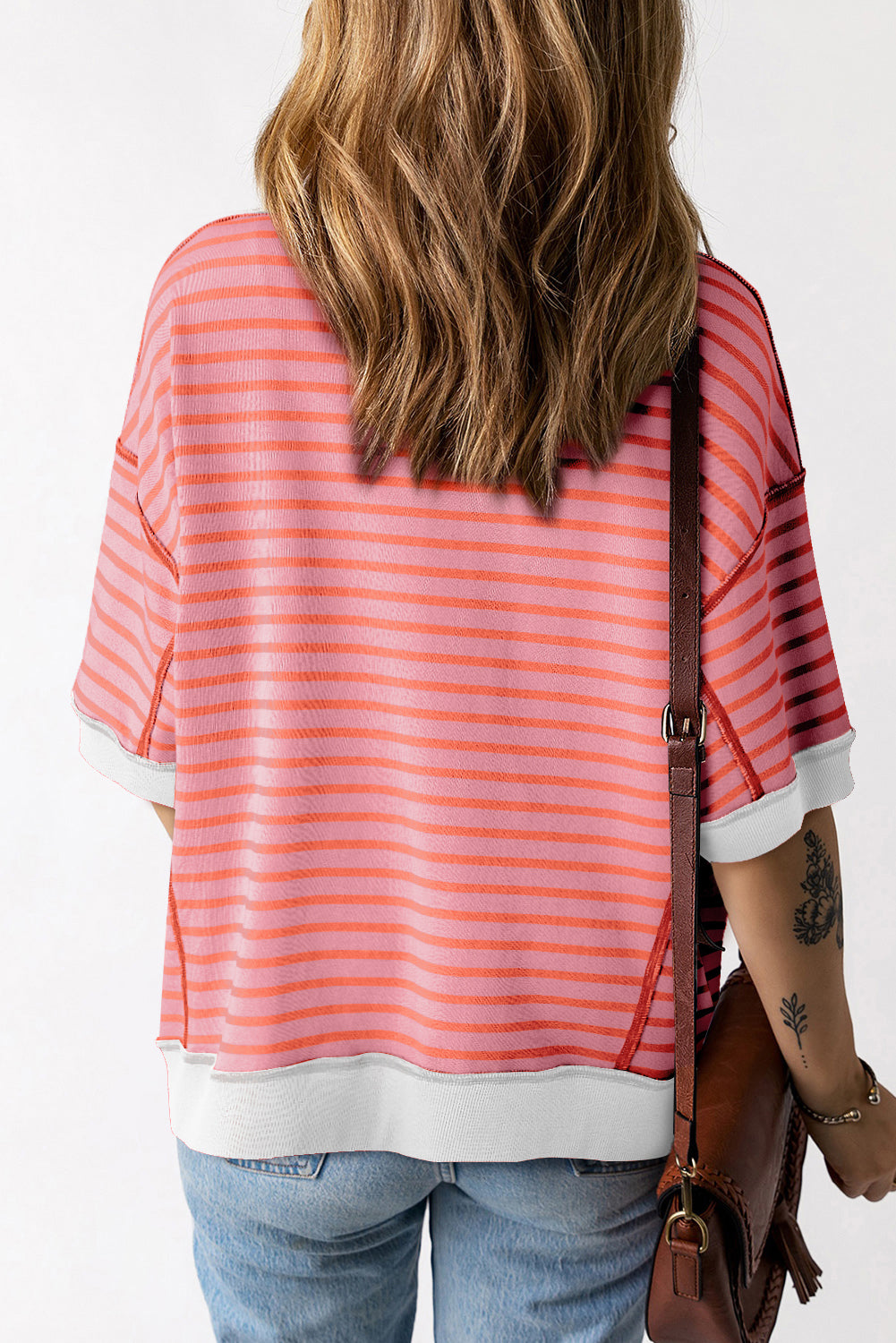 Pink Stripe Colorblock Drop Sleeve Loose Top - Eloy Royal