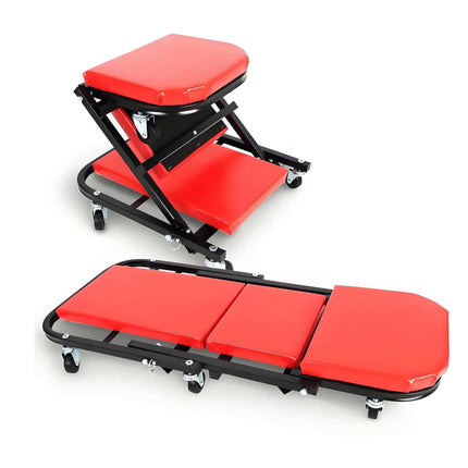 Adjustable Z‑Shape Rolling Mechanic Stool, Heavy‑Duty Auto Repair Creeper Seat with Wheels, Portable Padded Garage Workshop Work Chair for Car Maintenance, Red & Black