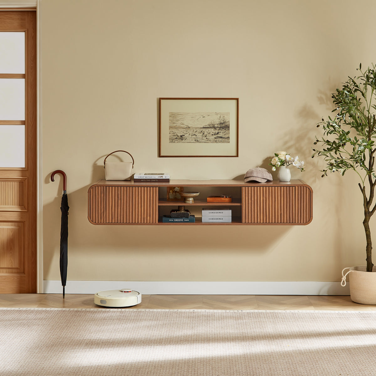 63' Wall‑Mounted TV Stand with Open Storage, Hanging Cabinet for Living Room, Bedroom & Home Use,Walnut