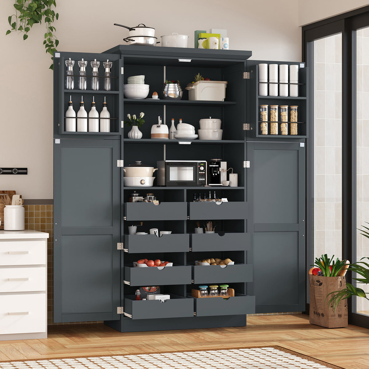 [Assembly Video Provided] TOPMAX 35.5x17.6x70.9inch Freestanding Kitchen Pantry Cabinet, Tall Storage Cabinet with 4 Doors, 2 Door Shelves, 8 Pull-out Trays and Adjustable Shelf for Dining Room, Gray