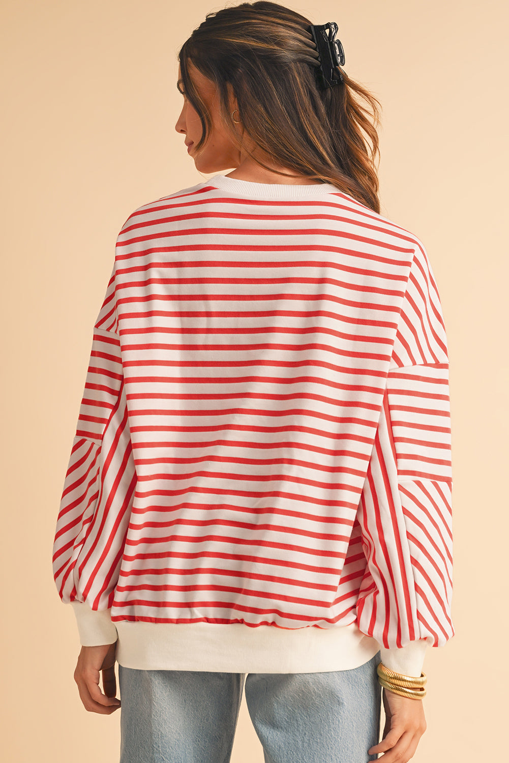 Blue Stripe Drop Shoulder Crew Neck Loose Sweatshirt