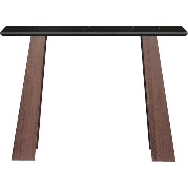 Modern narrow entryway table with open shelving, suitable for entryways, hallways, and living rooms, made of walnut wood.