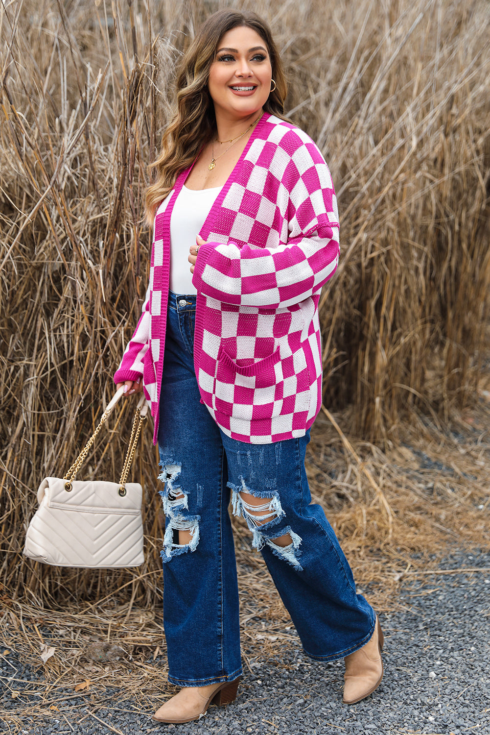 Bonbon Checkered Pattern Open Front Plus Size Cardigan - Eloy Royal