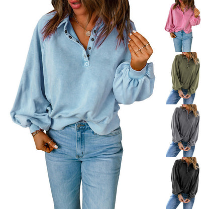 Ladies Loose V-Neck Button Solid Color Sweatshirt