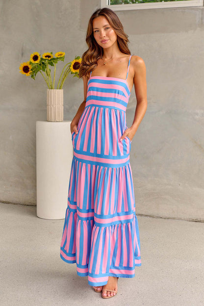 Summer Striped Printed Suspender Long Dress With Pockets Fashion Square Neck Backless Dresses For Beach Vacation Women Clothing