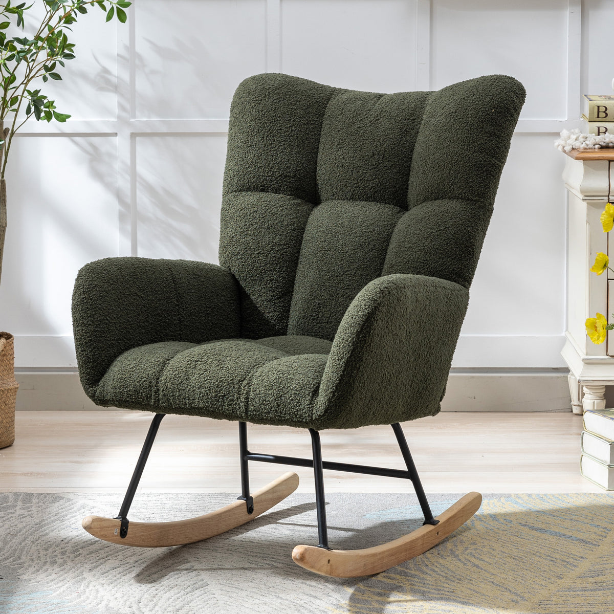 Teddy Fabric Wingback Glider Rocker with Side Storage Pocket, Soft Comfy Nursing Rocking Chair, Sturdy Safe Solid Wood Base, Multiuse Accent Chair for Nursery & Living Room,Dark Green.
