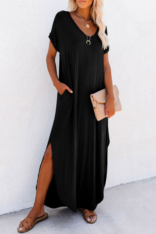 Black Solid Color Hidden Pocket V Neck Slit Maxi Dress - Eloy Royal