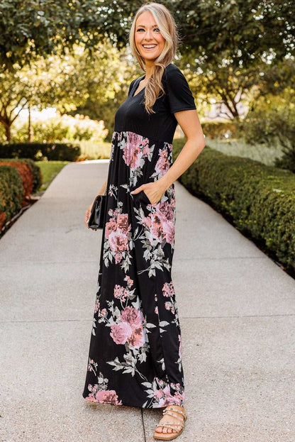 Black Contrast Floral Empire Waist Maxi Dress