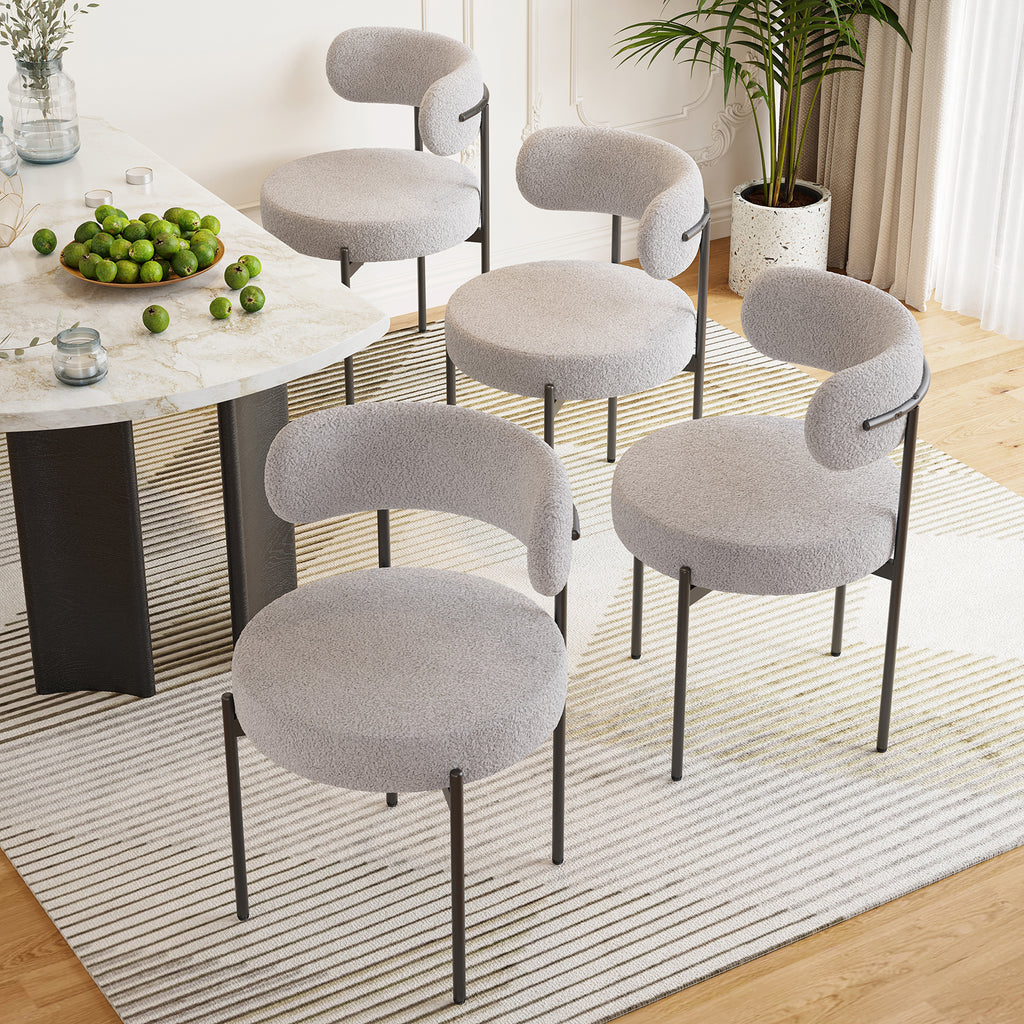 Dining Chairs Set of 4,Mid-Century Modern Kitchen Chair Curved Backrest Round Upholstered Sherpa Dining Chairs with Metal Legs