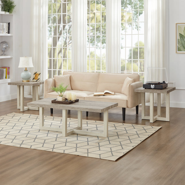 Luno 3-Piece Coffee Table Set, Coffee Table and Two End Tables, Weathered Gray and Beige