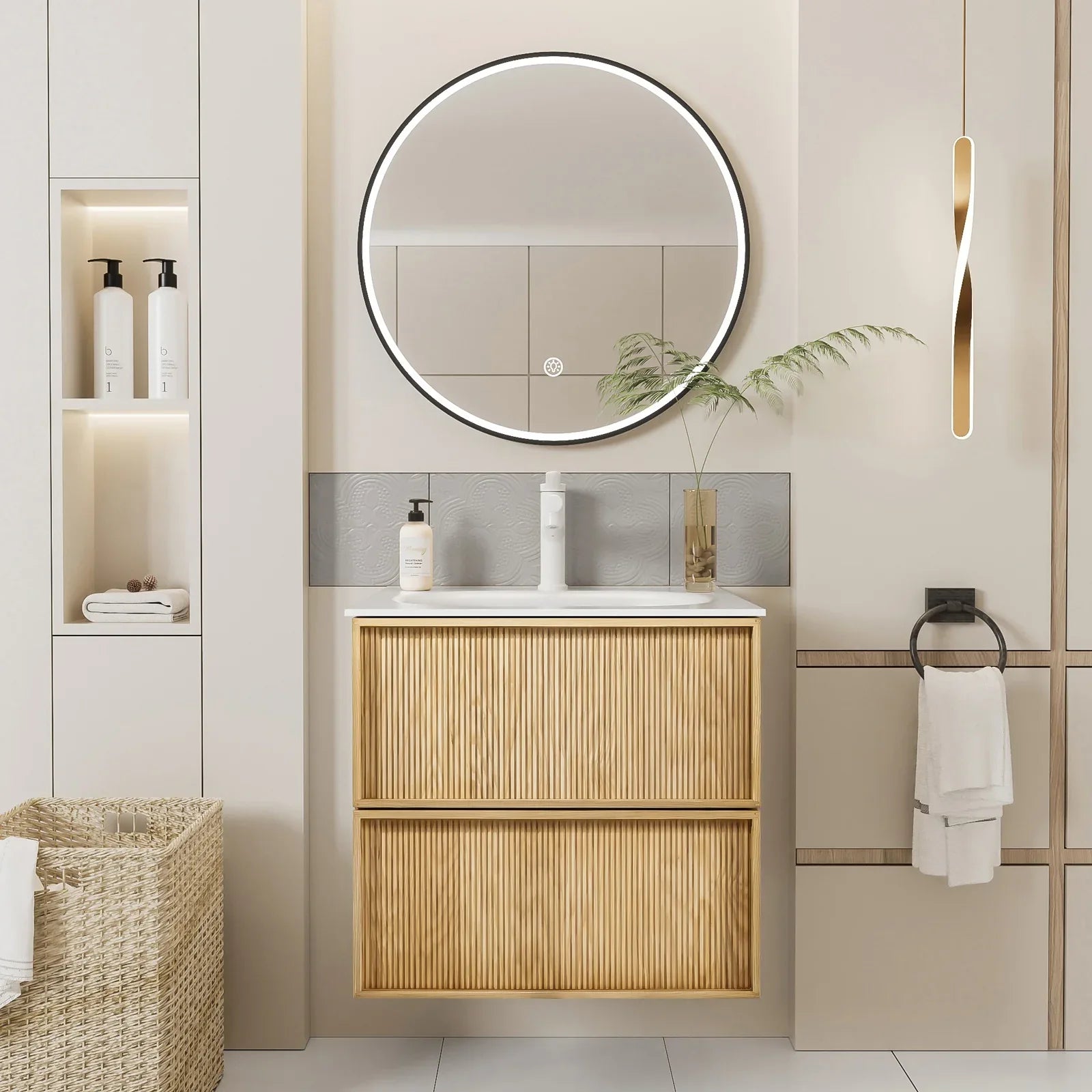 24-Inch Floating Bathroom Vanity with Sink - Natural Oak Fluted Front, Multi-Layer Solid Wood, Wall-Mounted, White Stone Top, 2 Soft-Close Drawers - Eloy Royal