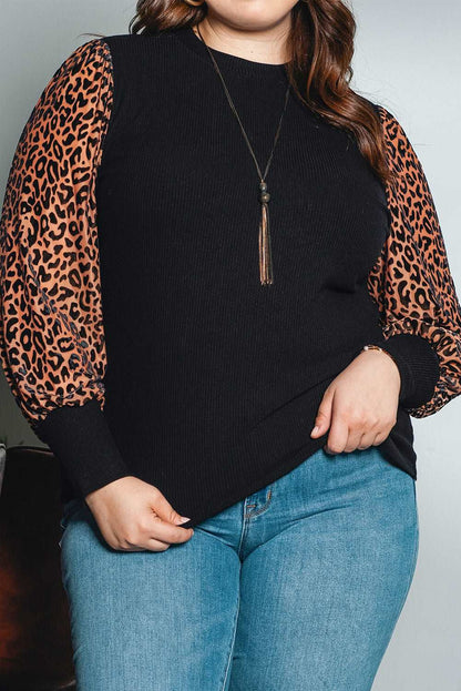 Black Plus Size Leopard Patchwork Mock Neck Top