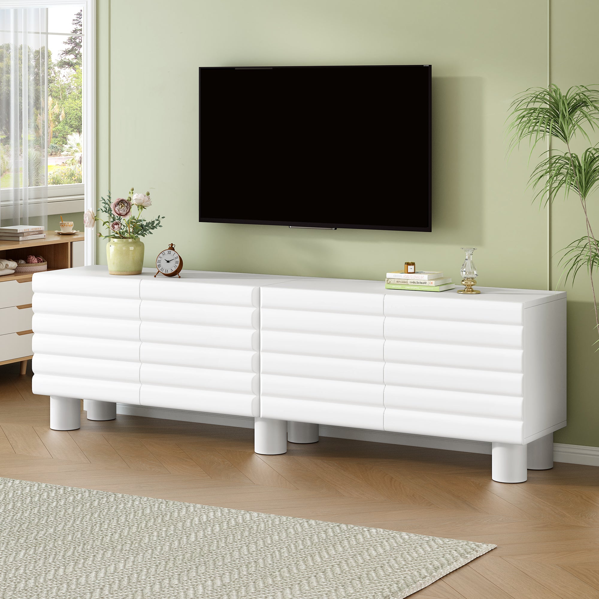 Stylish Thick Wavy Door TV Cabinet with Adjustable Shelves, Cream Style TV Stand with 4 Cabinets for TVs Up to 75', Solid Media Console with Cylindrical Legs and Cable Holes for Living Room, White