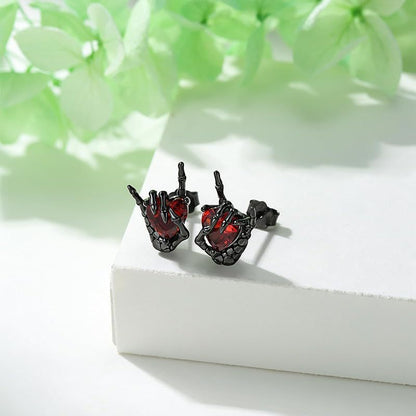 Retro Dark Series Ghost Hand Gesture Than Heart Diamond Stud Earrings