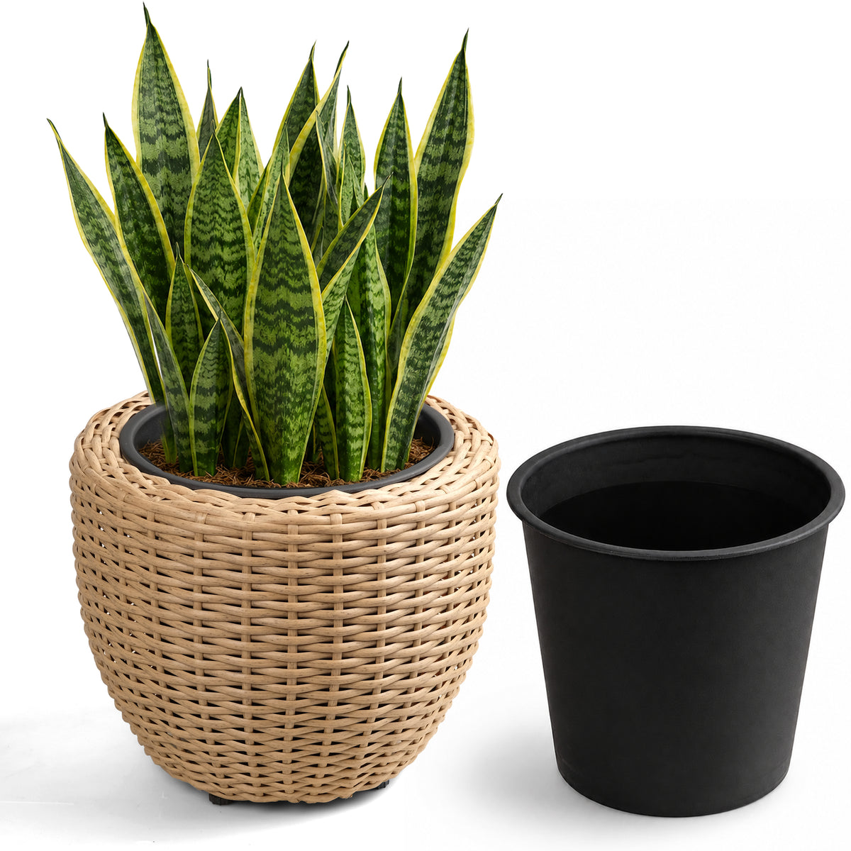 SOLHOME 13' Round Polyrattan Planter, Natural Resin Wicker Plant Pot with Steel Frame – Indoor Outdoor Decorative Basket with Black Insert