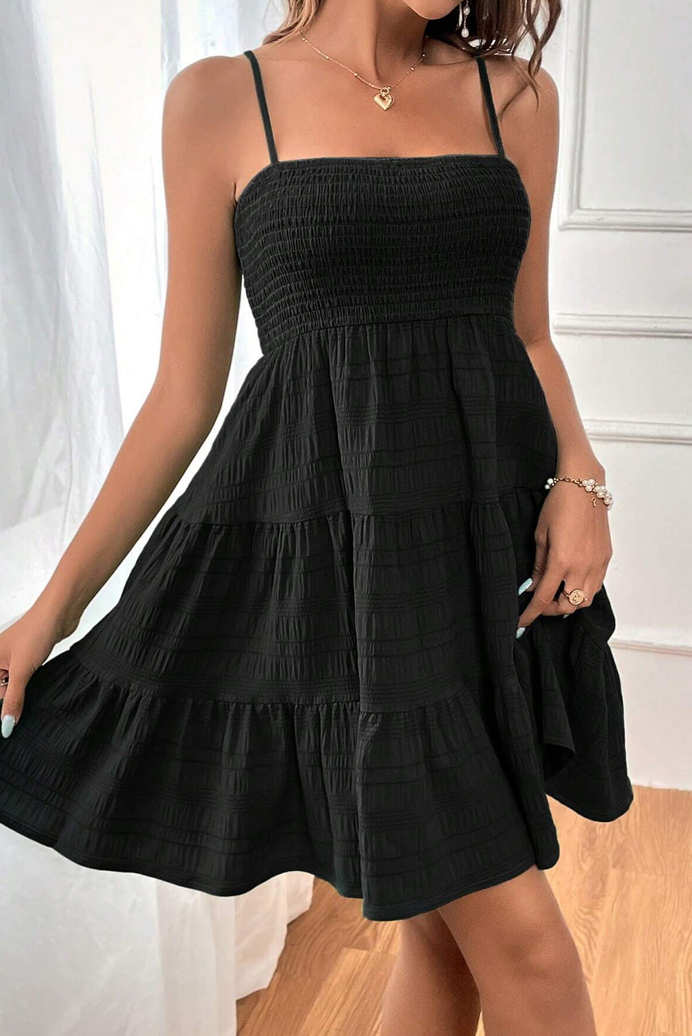 Black Smocked Textured Tiered Skater Cami Dress - Eloy Royal