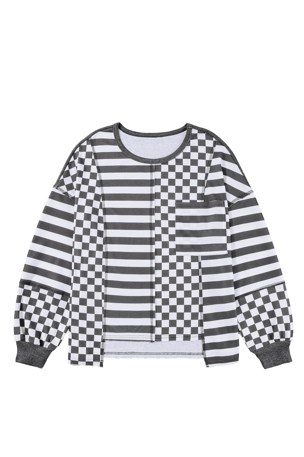 Black Checkered Striped Patchwork Lantern Sleeve Top