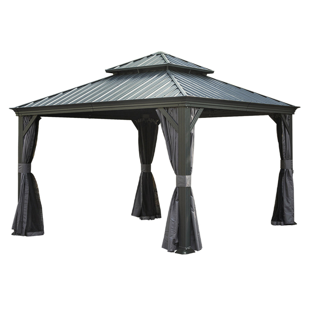 13x13FT Outdoor Gazebo, Hardtop Gazebo with Galvanized Steel Double Roof, Metal Gazebos with Drainage System Patio Pergola for Patio Deck Backyard,Curtain and Netting,Gray