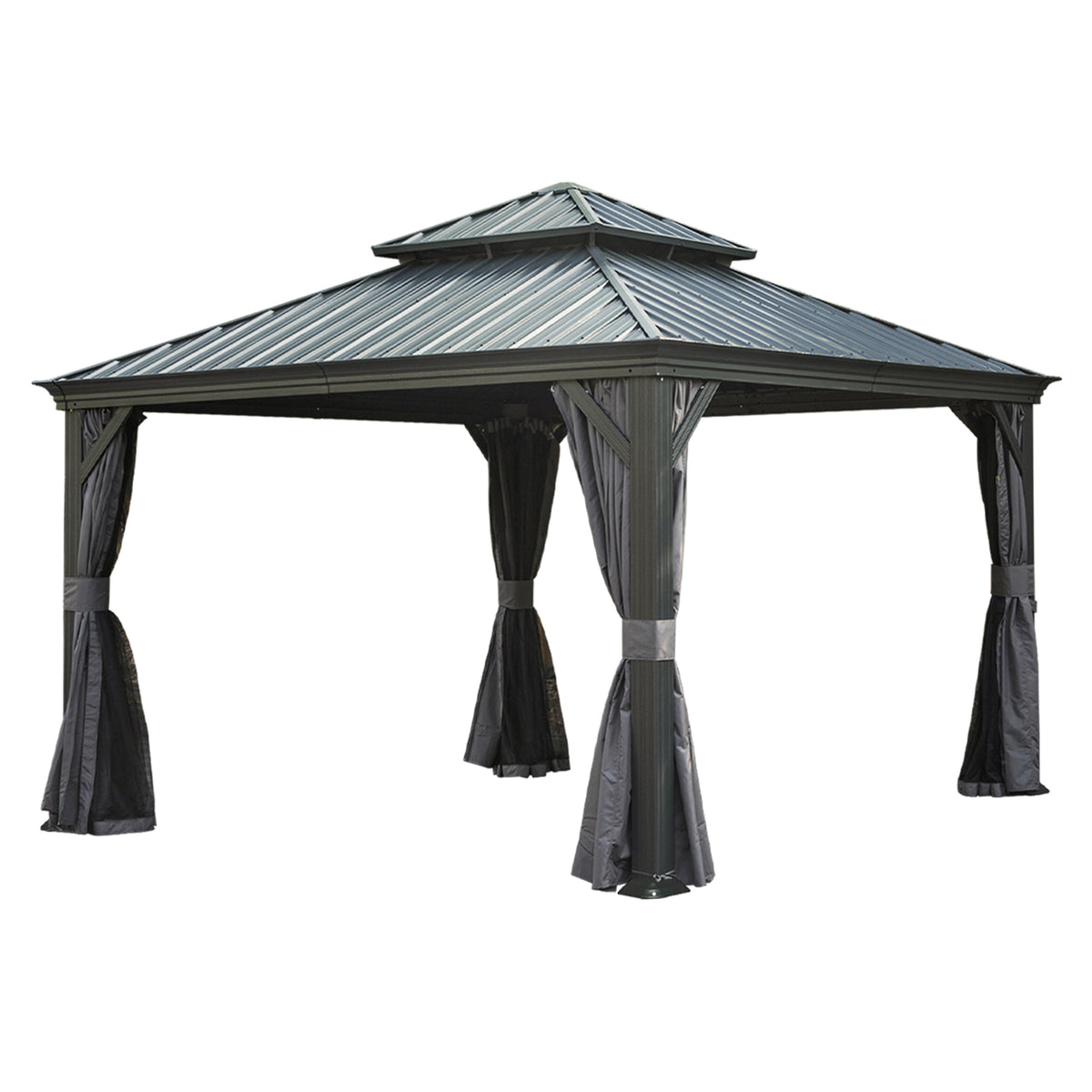 13x13FT Outdoor Gazebo, Hardtop Gazebo with Galvanized Steel Double Roof, Metal Gazebos with Drainage System Patio Pergola for Patio Deck Backyard,Curtain and Netting,Gray