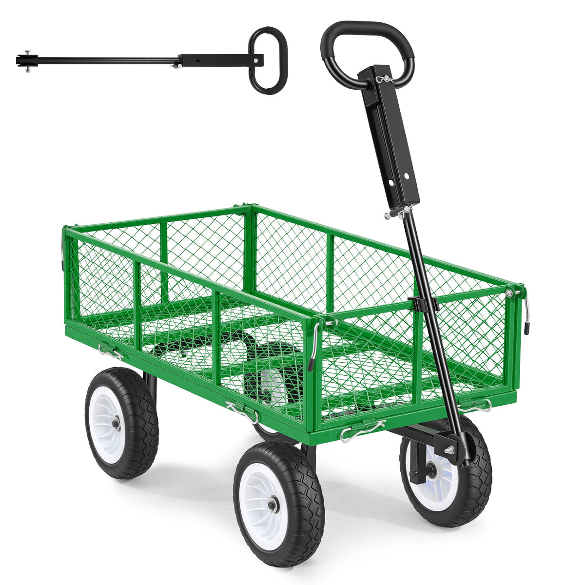 Garden Cart, 900 LBS, Heavy Duty Steel Yard and Garden Utility Wagon with 10-Inch Tires, Outdoor Gardening Stool with Adjustable Handle, Detachable Side Panels, Attach to ATV or Tractor, Green