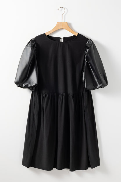 Black Plus Size Patchwork Half Puff Sleeve Swing Dress - Eloy Royal