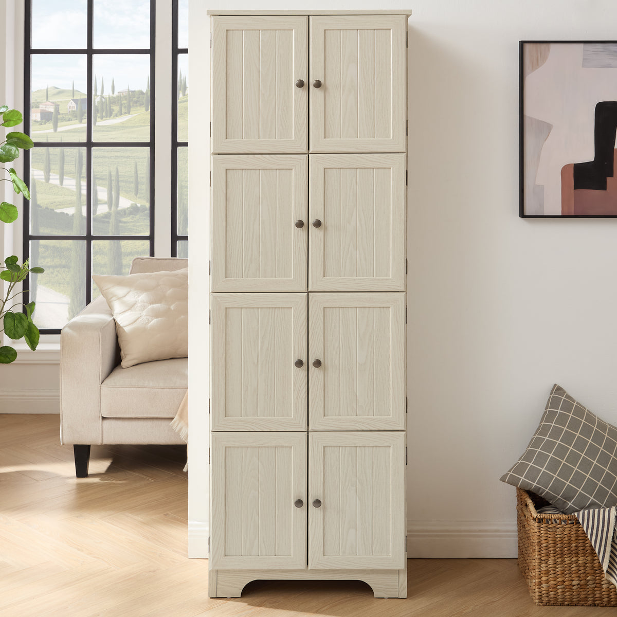 72.4' Tall Storage Cabinet Tall Storage Cabinet with 8 Doors and 4 Shelves ,Bookshelf Living Room, Kitchen, Dining Room, Office  Freestanding Storage Cabinet, WHI