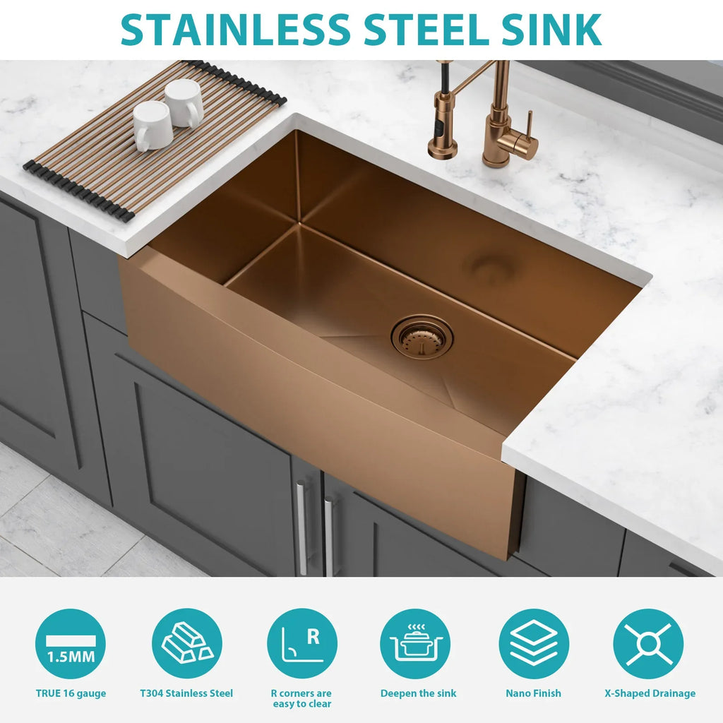 36 Inch Rose Gold Farmhouse Sink with Apron Front - Stainless Steel 16 Gauge Kitchen Sink in Rose Gold Finish - Eloy Royal