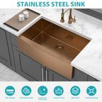 36 Inch Rose Gold Farmhouse Sink with Apron Front - Stainless Steel 16 Gauge Kitchen Sink in Rose Gold Finish - Eloy Royal