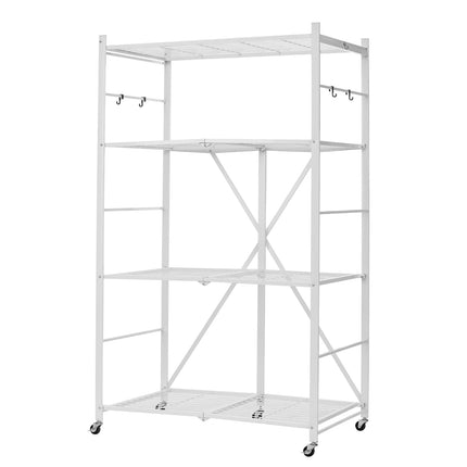 Folding Storage Shelf with Wheels 4-Tier No Assembly Organizer Shelf White