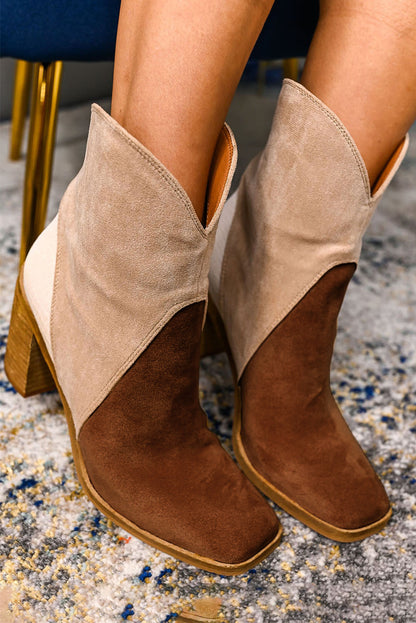 Chestnut Colorblock Suede Heeled Ankle Booties