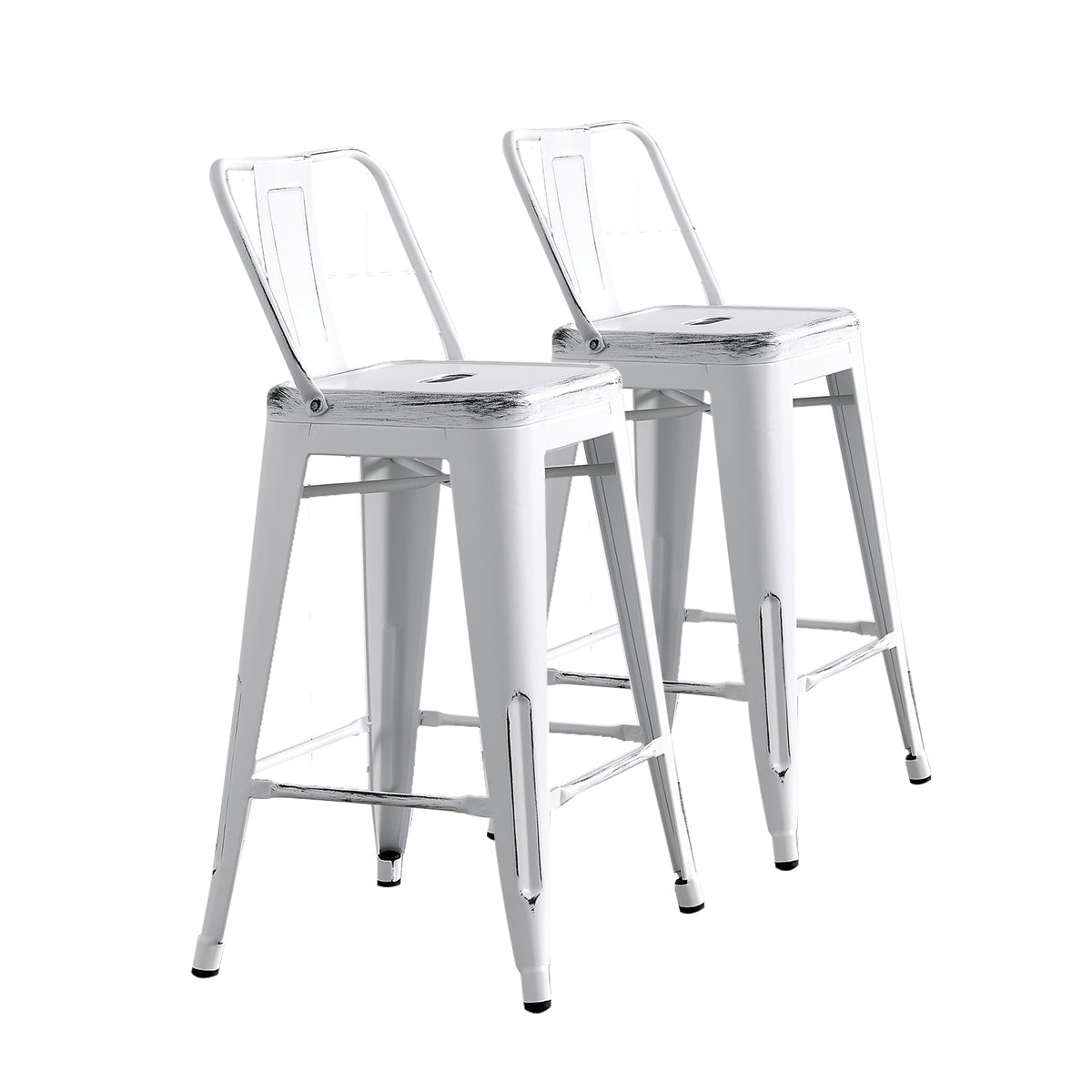 Modern Light Weight Industrial Contemporary Rustic Vintage Costal Metal Barstools with Bucket Back and 4 Leg Design, Seat Bar Stools (Set of 2) (24' Seat, Distressed White)