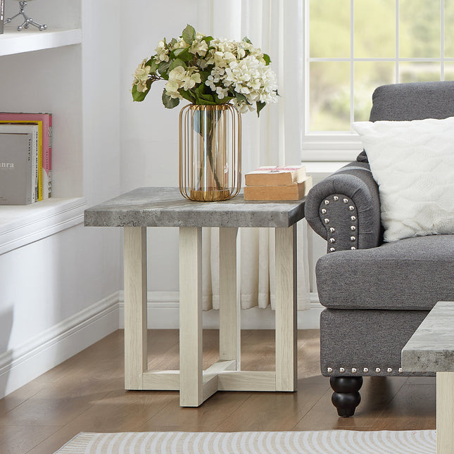 Luno Contemporary End Table, Faux Concrete and White