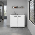 Alatna Freestanding Utility Base Cabinet with Stainless Steel Countertop, 2-Door and Faucet Included, White