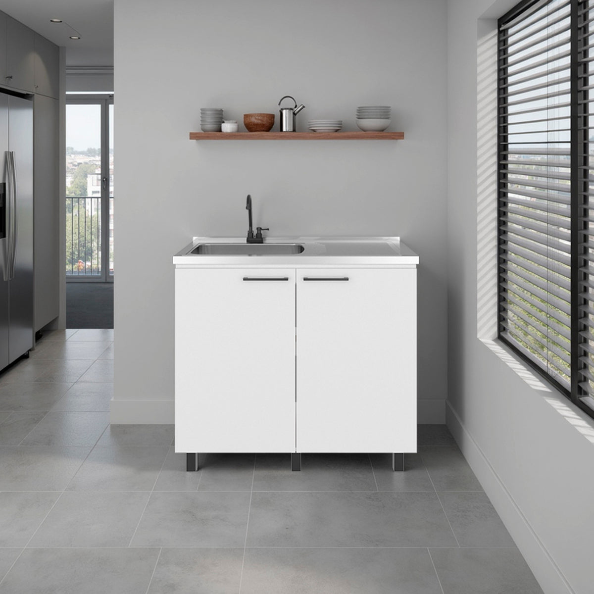 Alatna Freestanding Utility Base Cabinet with Stainless Steel Countertop, 2-Door and Faucet Included, White