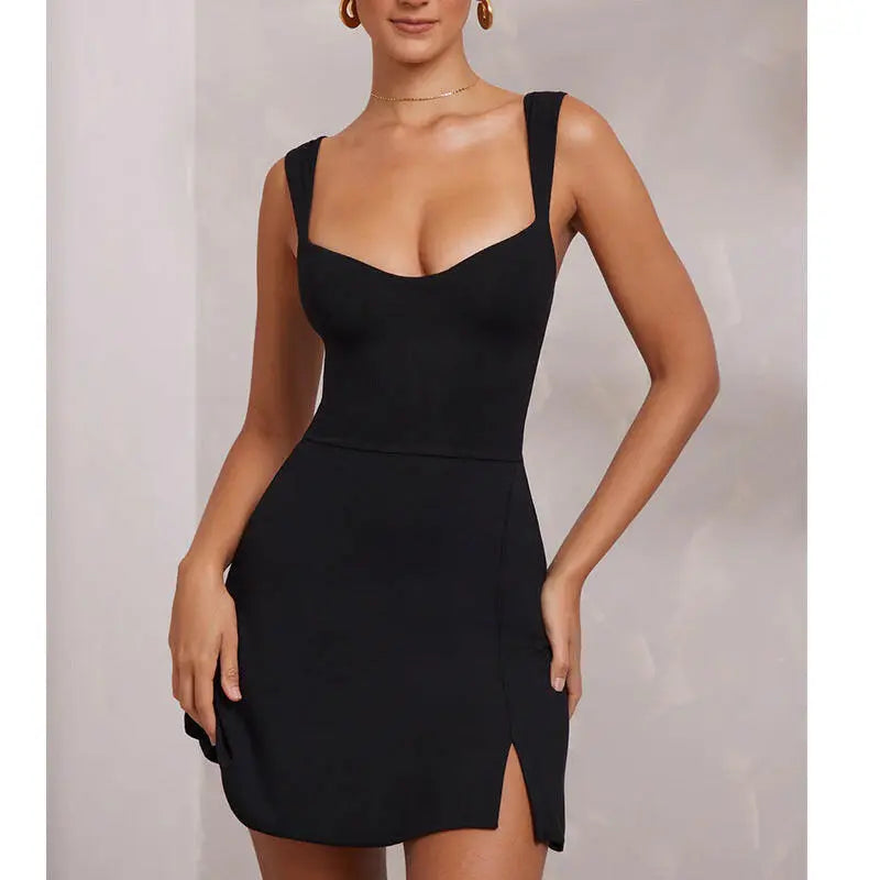 Sexy Sling Backless Dress Women Solid Color Spaghetti Strap Hip Wrap Short Dress For Party Nightclub.