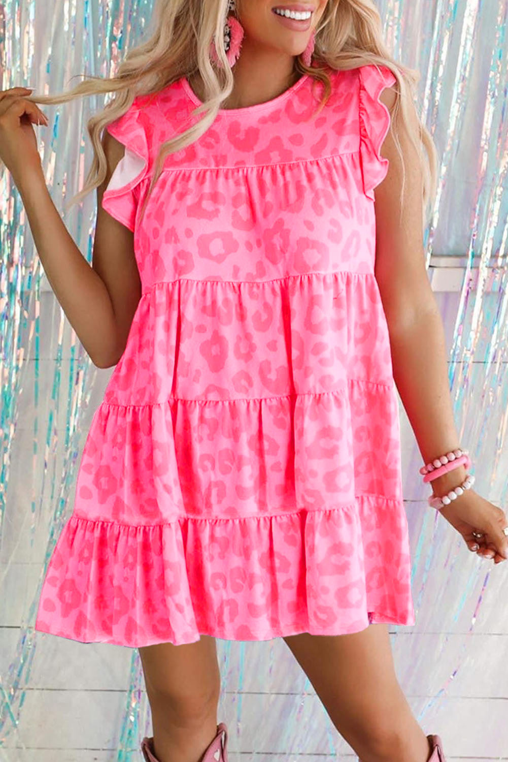 Pink Leopard Round Neck Ruffle Tiered Mini Dress - Eloy Royal