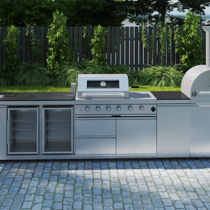 147-Inch 120000- BTU Double Stainless Steel Gas Outdoor Kitchen Bar Barbecue Island Grill+ Pizza oven + Wine Cooler Compact Refrigerator + Rotisserie + Granite Countertops + Storage Cabinets & Drawers