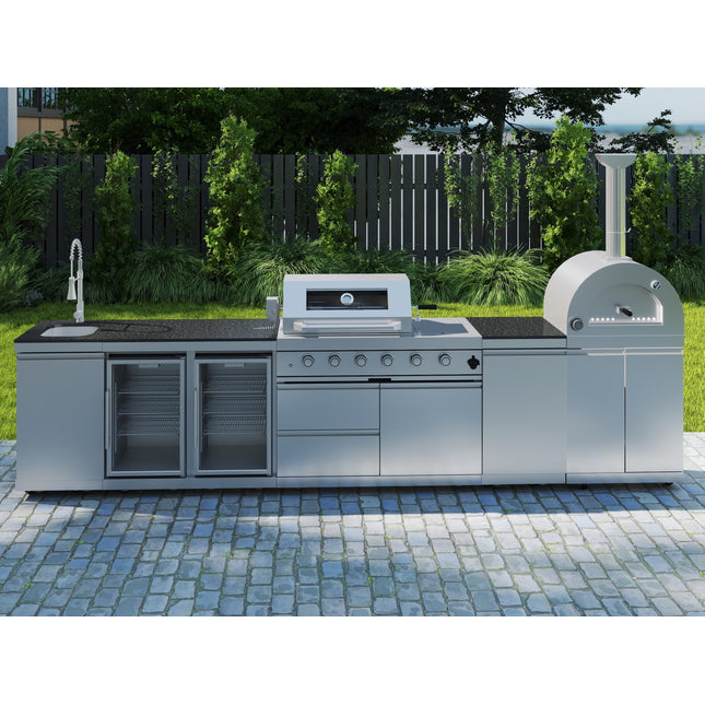 147-Inch 120000- BTU Double Stainless Steel Gas Outdoor Kitchen Bar Barbecue Island Grill+ Pizza oven + Wine Cooler Compact Refrigerator + Rotisserie + Granite Countertops + Storage Cabinets & Drawers