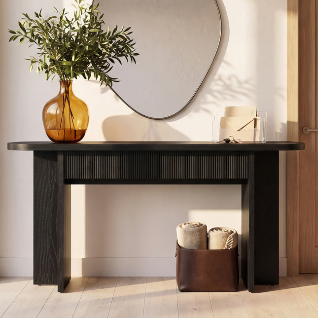 OMCHOM 63 Inch Console Table with 2 Drawers, Fluted Entryway Tables with Storage, Heavy Duty Sofa Table Behind The Couch, Mid Century Hallway Tables for Entryway, Hallway, Living Room