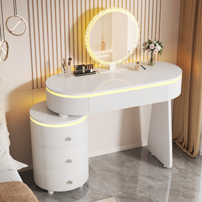 Small Vanity Desk Adjustable Tabletop Length,Storage Cabinet Reversible Layout,Vanity Detachable Mirror