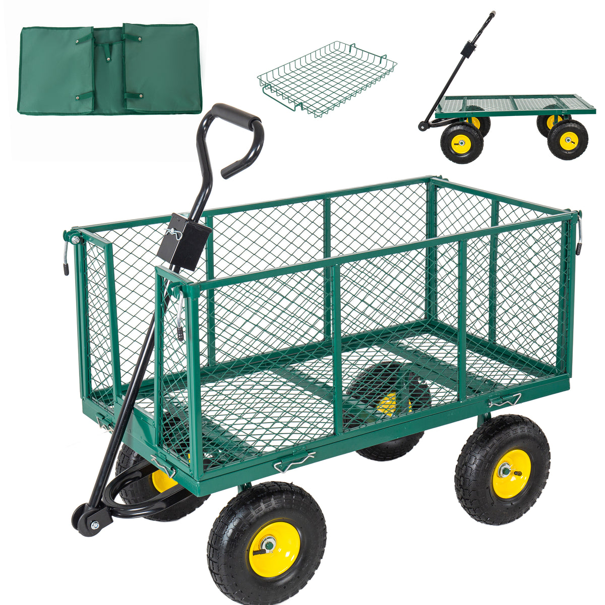 3-in-1 Oversized Steel Garden Cart , 880lbs Pullable Mesh Metal Garden Cart, All-Terrain Utility Cart with Removable Liner & Side Panels & Mesh Tray for Outdoor Lawn, Patio and Landscaping, Green