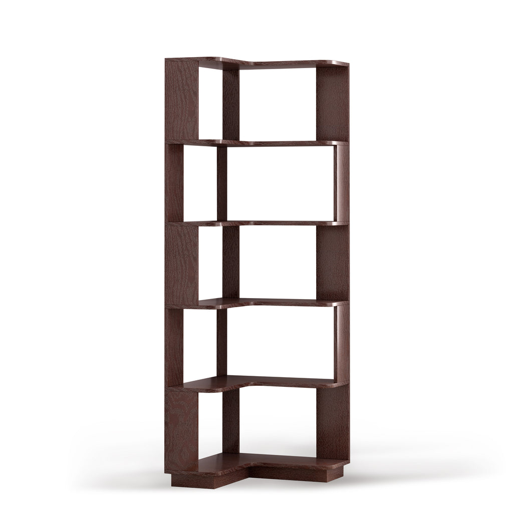 6 Tier L-Shaped Corner Bookshelf in Dark Red, Wooden Display Rack with Anti-Drop Panels and Anti-Tipping Device, Open Storage Organizer for Living Room, Bedroom, or Home Office