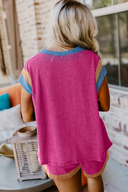 Bright Pink Ribbed Colorblock Plus Shorts Set - Eloy Royal