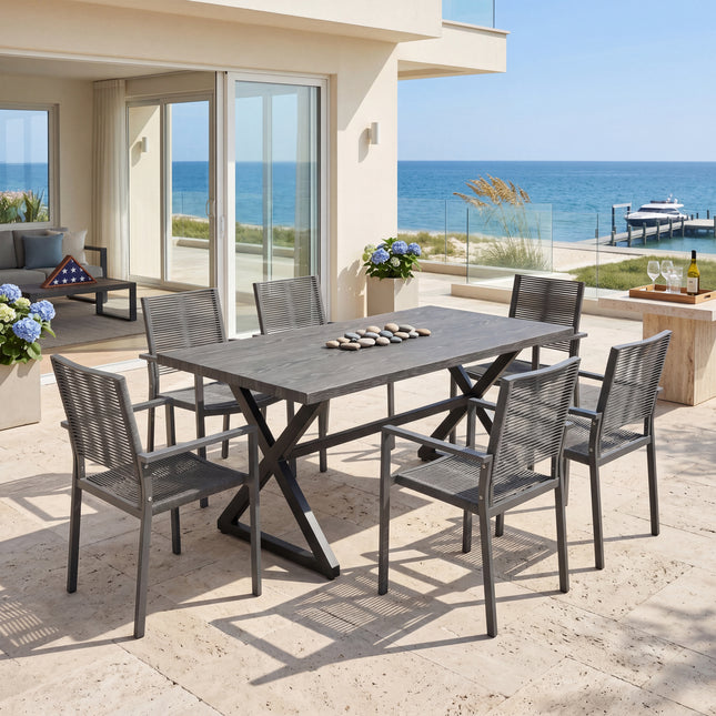 7-Piece Aluminum & Woven Rope Outdoor Patio Dining Set, Grey+Black